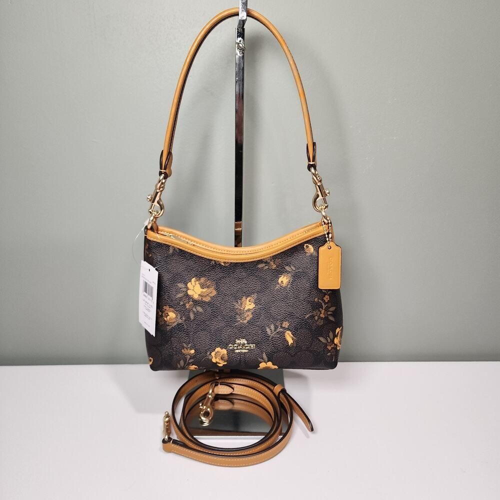 NWT Coach CCF17 Laurel Small Shoulder Signature Canvas Floral Walnut/Yellow V2